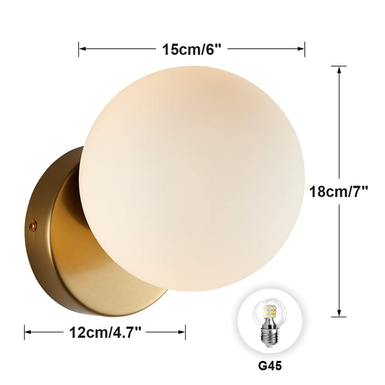 BOKT Small Milky Glass Globe Gold Wall Sconce, Mid Century Modern 1-Light Indoor Bathroom Fixture, 5.9 in Globe