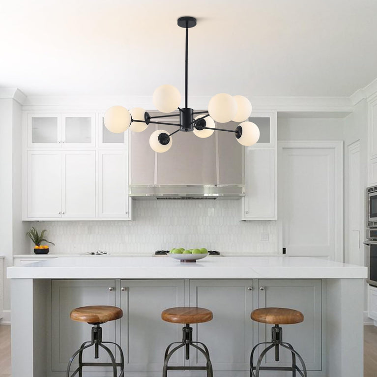 BOKT Modern 8-Lights Globe Sputnik Chandelier Mid Century Matte Black Chandelier Ceiling Mount Light Fixture with Milky White Glass Glass Lampshade for Dining Room Living Room