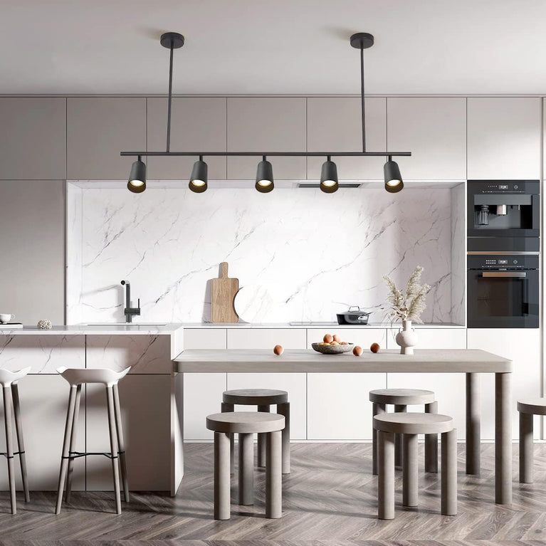 BOKT Matte Black Metal 5-Lights LED Linear Track Lighting Mid Century Modern Hanging Track Lighting Commercial Pendant Light Fixture Adjustable Industrial Ceiling Spot Lighting