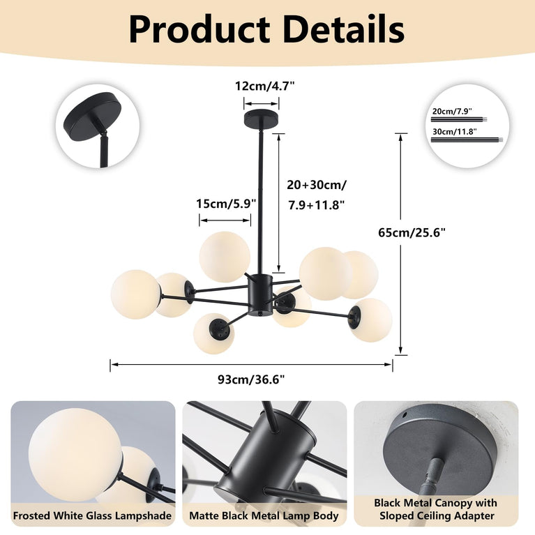 BOKT Modern 8-Lights Globe Sputnik Chandelier Mid Century Matte Black Chandelier Ceiling Mount Light Fixture with Milky White Glass Glass Lampshade for Dining Room Living Room