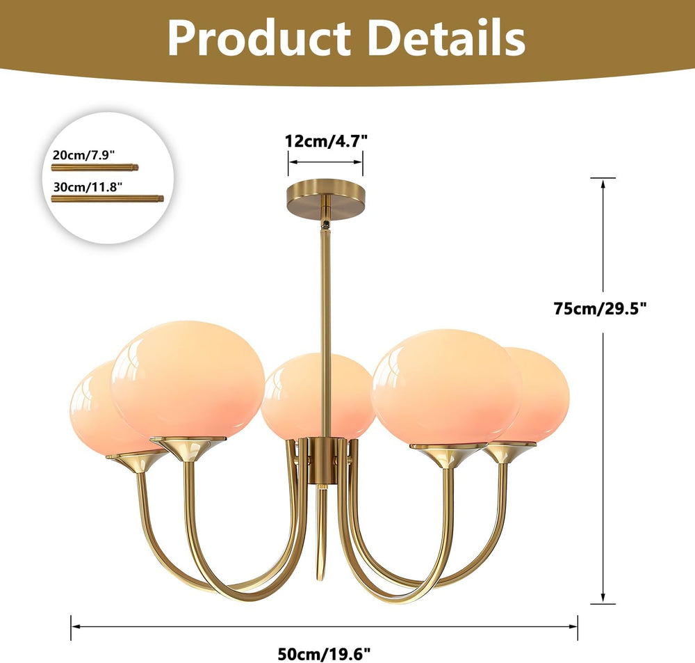 BOKT 5 Light Gold Globe Sputnik Chandelier Modern Pink Glass Sputnik (BCP012)