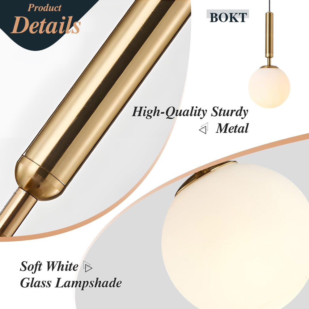 BOKT Mid Century Plugin Brushed Brass White Glass Hanging Lamp
