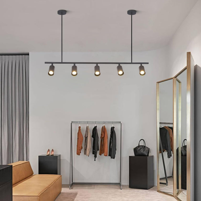 BOKT Matte Black Metal 5-Lights LED Linear Track Lighting Mid Century Modern Hanging Track Lighting Commercial Pendant Light Fixture Adjustable Industrial Ceiling Spot Lighting