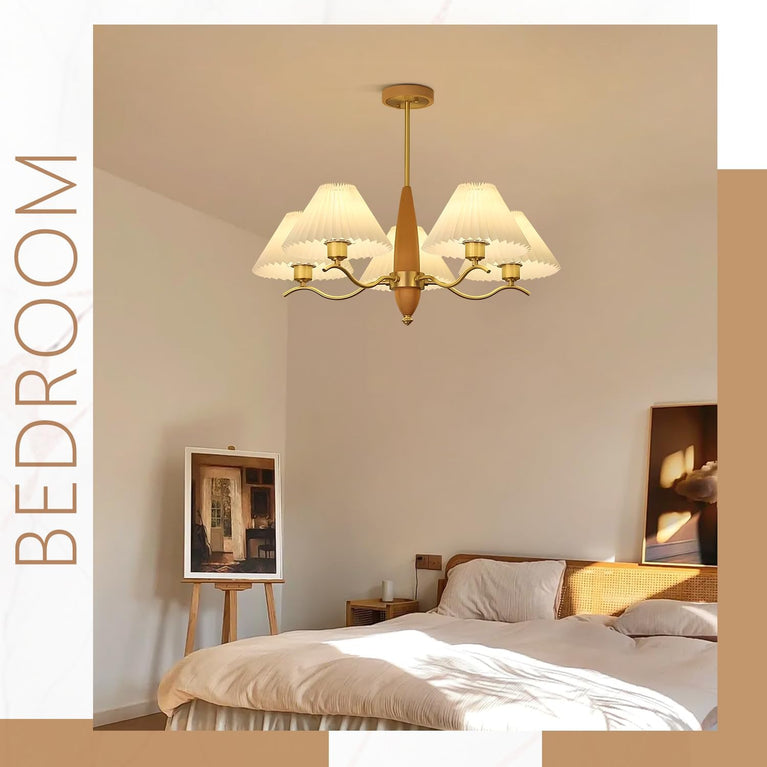 BOKT Gold Wooden Chandeliers Mid Century Fabric Ceiling Pendant Lighting(BPC014)