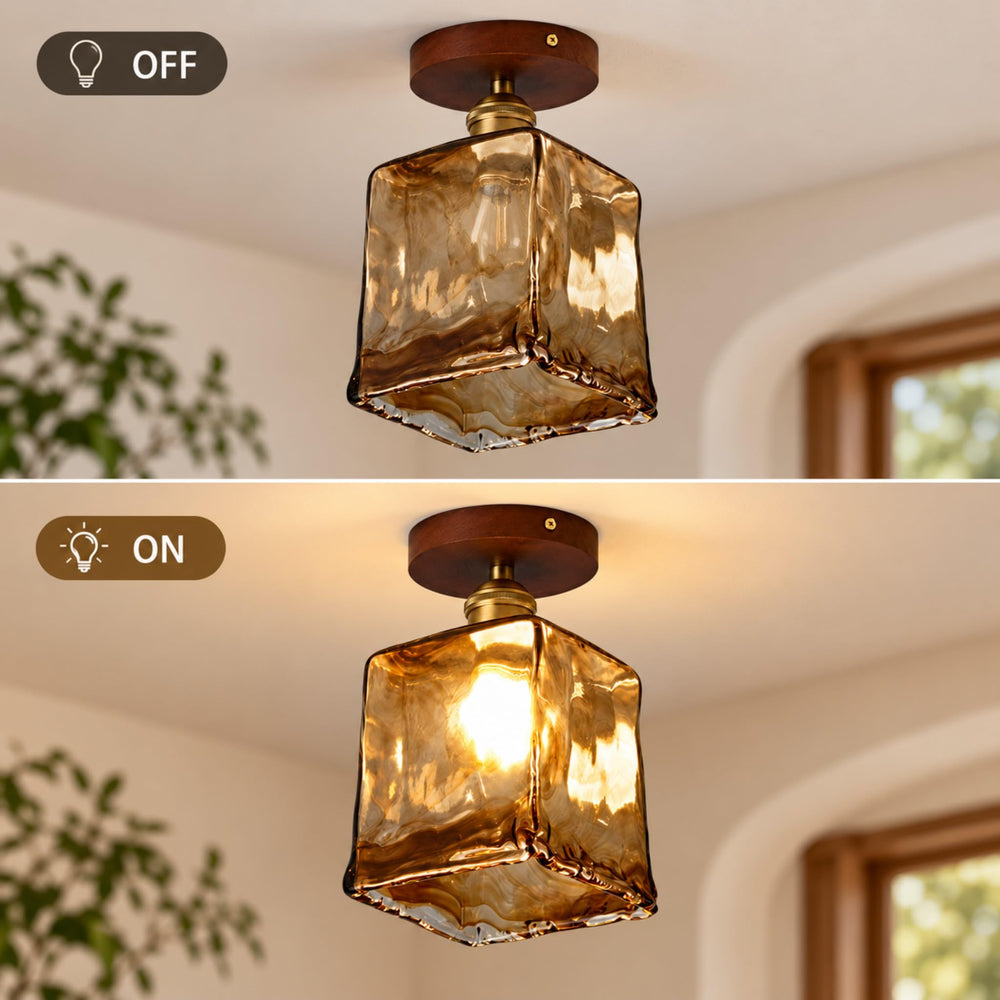 BOKT Amber Glass Semi Flush Mount Ceiling Light Brass Walnut Square