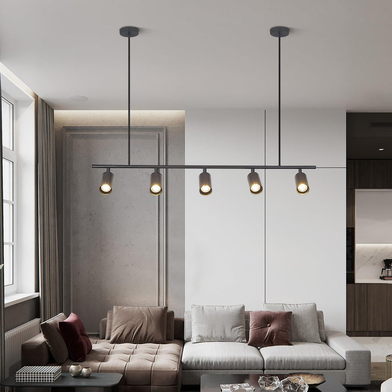 BOKT Matte Black Metal 5-Lights LED Linear Track Lighting Mid Century Modern Hanging Track Lighting Commercial Pendant Light Fixture Adjustable Industrial Ceiling Spot Lighting