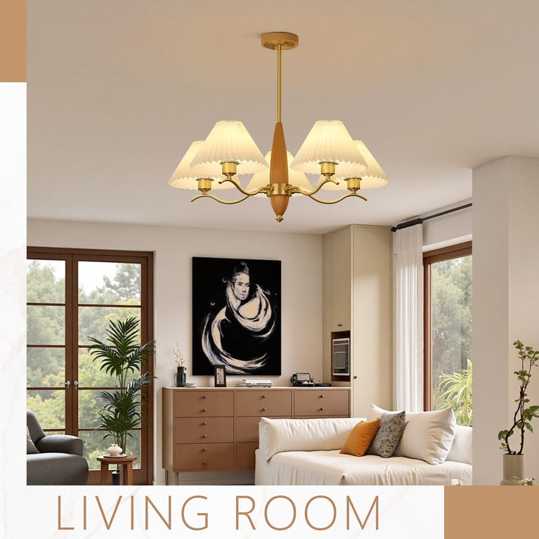 BOKT Gold Wooden Chandeliers Mid Century Fabric Ceiling Pendant Lighting(BPC014)