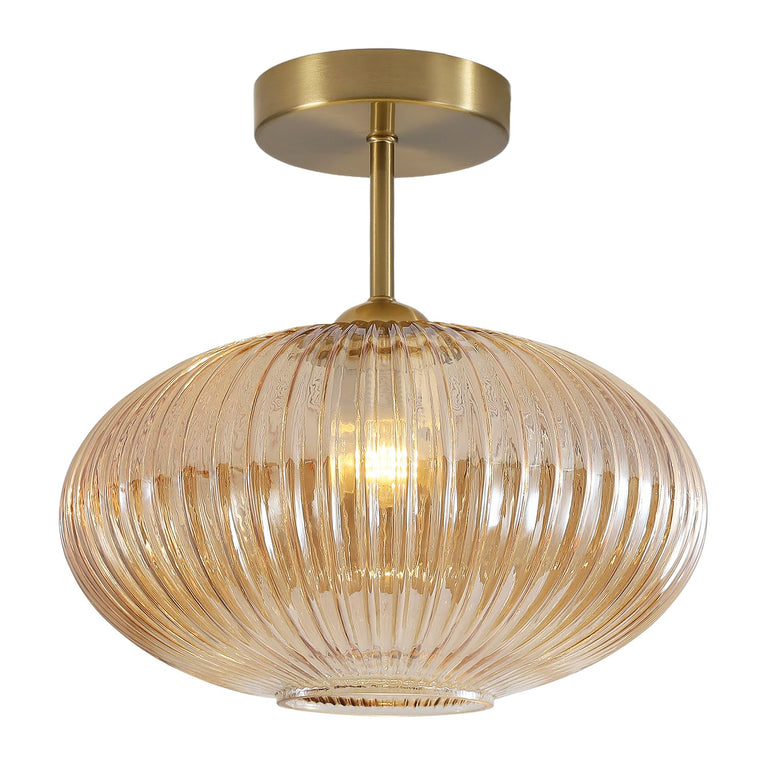BOKT Vintage Brushed Brass Semi Flush Mount Ceiling Light Amber Ribbed Glass Pendant Light Mid Century Modern Gold Close to Ceiling Light Fixture for Indoor Use 9.8"