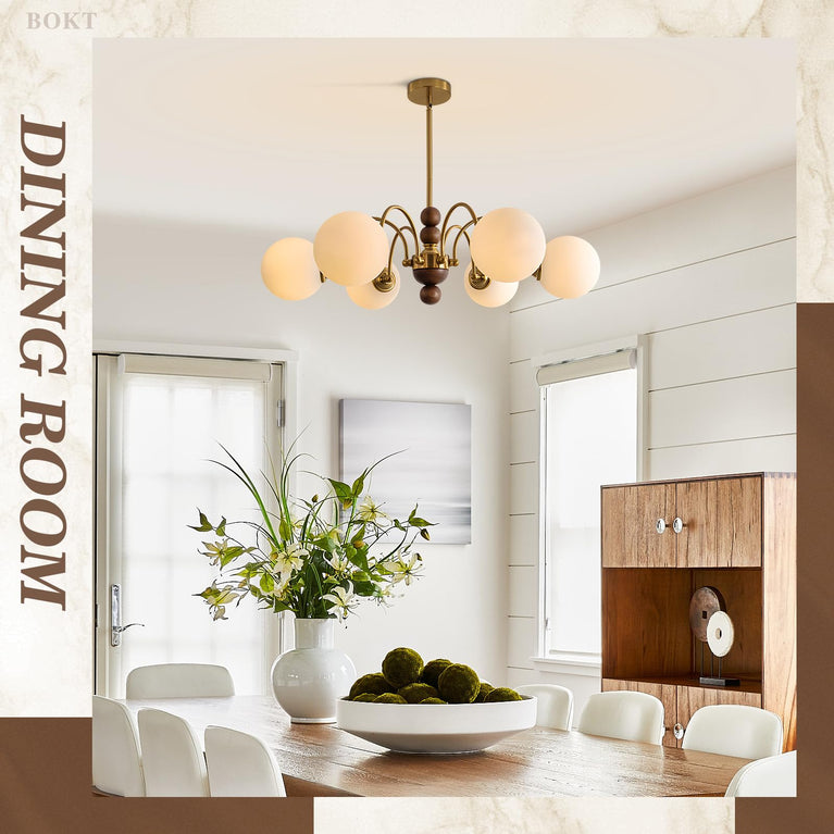 BOKT Milk Glass Chandelier 6 Head Rustic Wooden Sputnik Chandelier