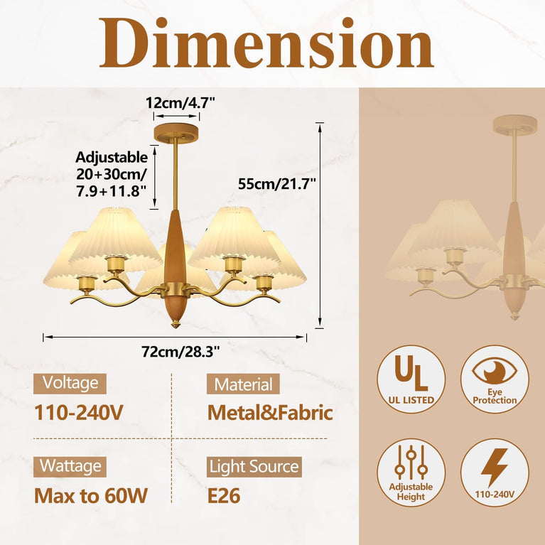 BOKT Gold Wooden Chandeliers Mid Century Fabric Ceiling Pendant Lighting(BPC014)