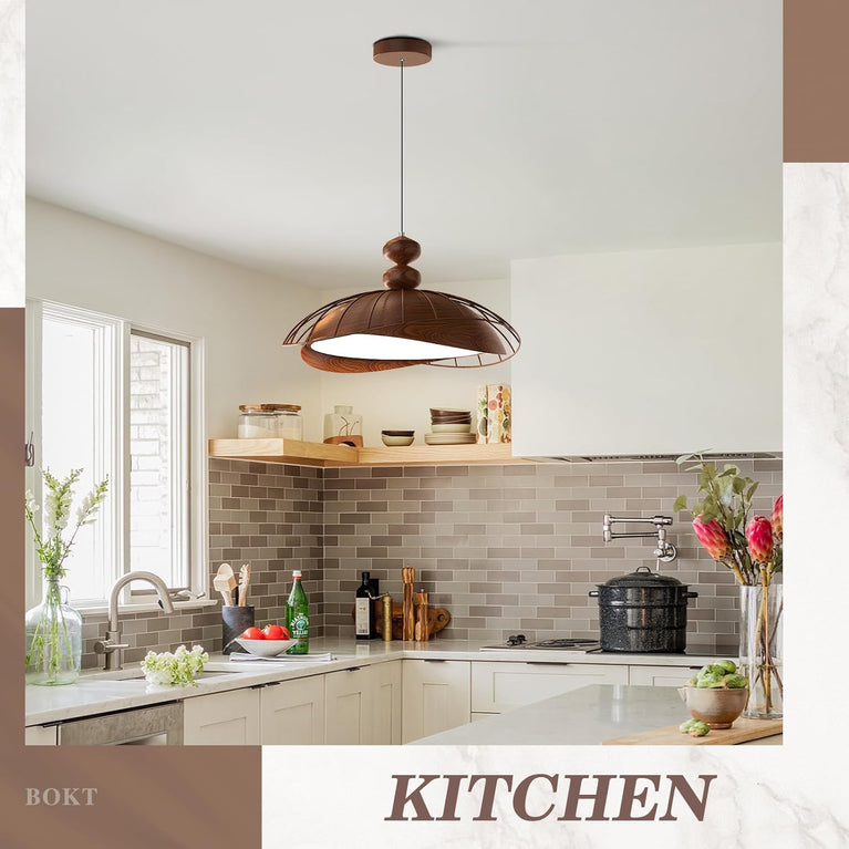 BOKT Nordic Vintage Wood Pendant Light LED Dimmable for Kitchen Island (BPC015)