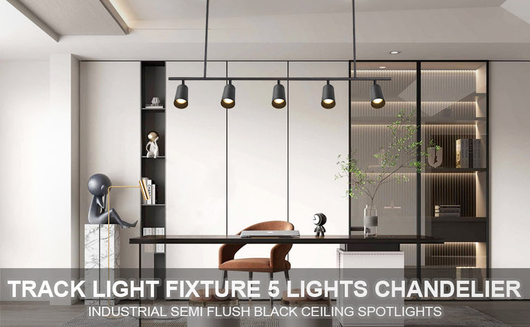 BOKT Matte Black Metal 5-Lights LED Linear Track Lighting Mid Century Modern Hanging Track Lighting Commercial Pendant Light Fixture Adjustable Industrial Ceiling Spot Lighting