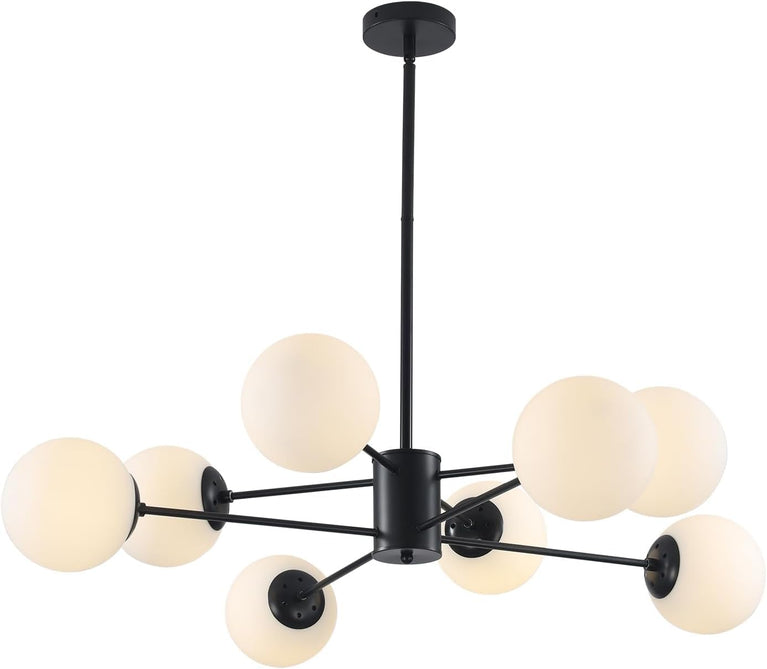 BOKT Modern 8-Lights Globe Sputnik Chandelier Mid Century Matte Black Chandelier Ceiling Mount Light Fixture with Milky White Glass Glass Lampshade  for Dining Room Living Room