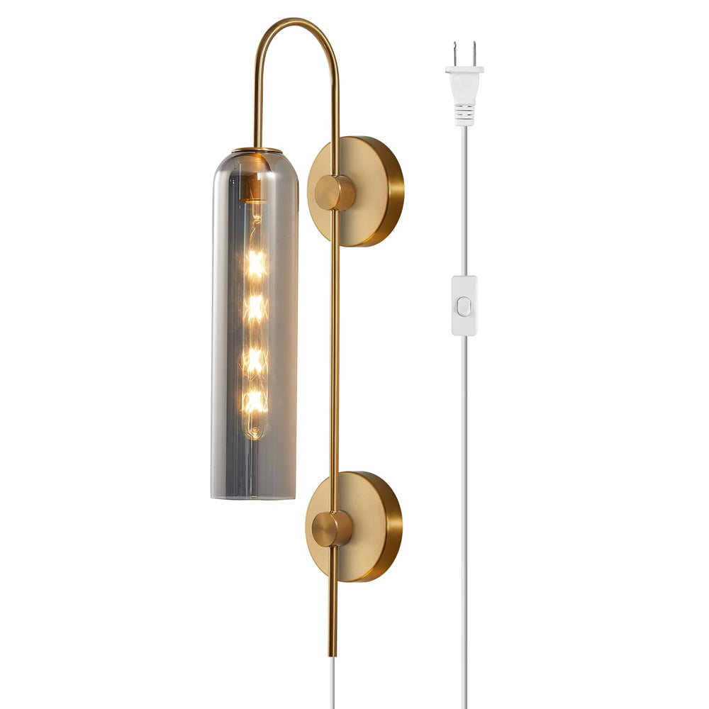 BOKT Plug-In or Hardwired Wall Sconce with Smoke Gray Glass, Mid Century Modern Gold 1-Light Fixture for Bedroom and Bathroom