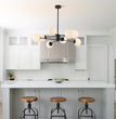 BOKT Modern 8-Lights Globe Sputnik Chandelier Mid Century Matte Black Chandelier Ceiling Mount Light Fixture with Milky White Glass Glass Lampshade  for Dining Room Living Room