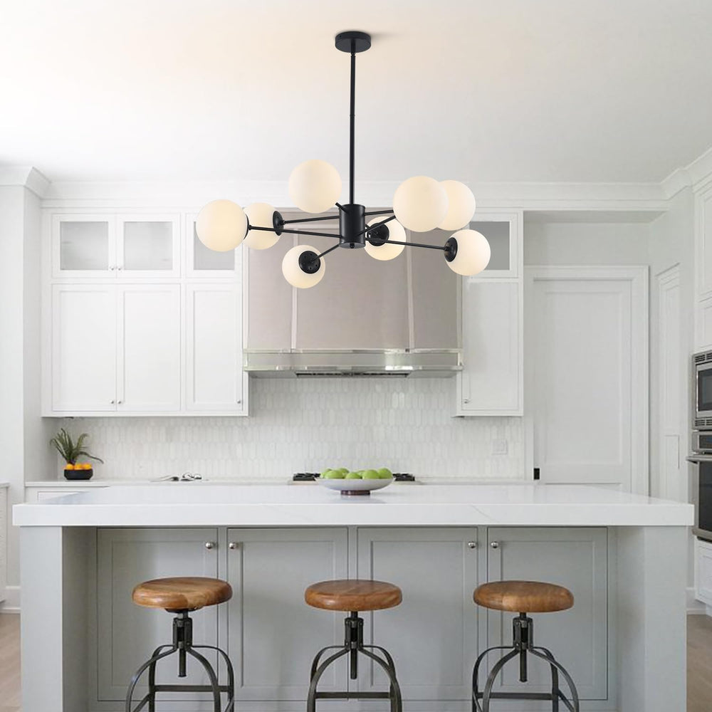 BOKT Modern 8-Lights Globe Sputnik Chandelier Mid Century Matte Black Chandelier Ceiling Mount Light Fixture with Milky White Glass Glass Lampshade  for Dining Room Living Room