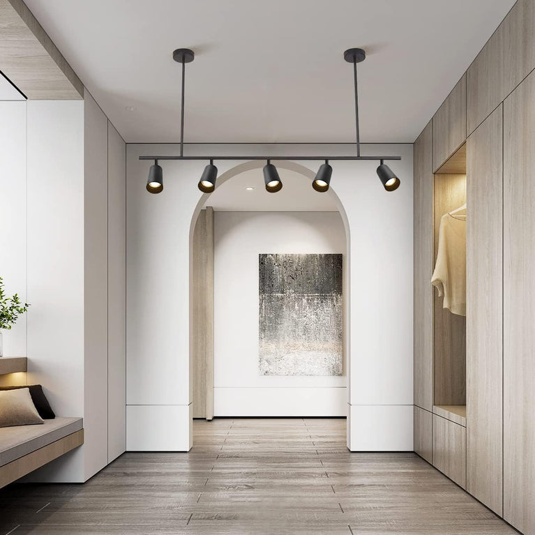 BOKT Matte Black Metal 5-Lights LED Linear Track Lighting Mid Century Modern Hanging Track Lighting Commercial Pendant Light Fixture Adjustable Industrial Ceiling Spot Lighting