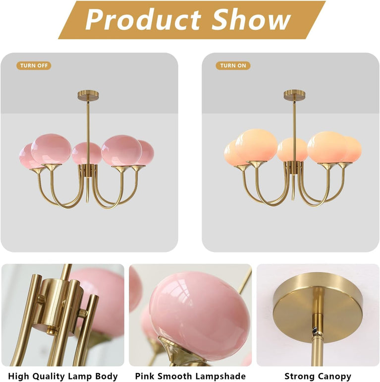 BOKT 5 Light Gold Globe Sputnik Chandelier Modern Pink Glass Sputnik （BCP012)