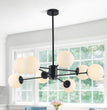 BOKT Modern 8-Lights Globe Sputnik Chandelier Mid Century Matte Black Chandelier Ceiling Mount Light Fixture with Milky White Glass Glass Lampshade  for Dining Room Living Room