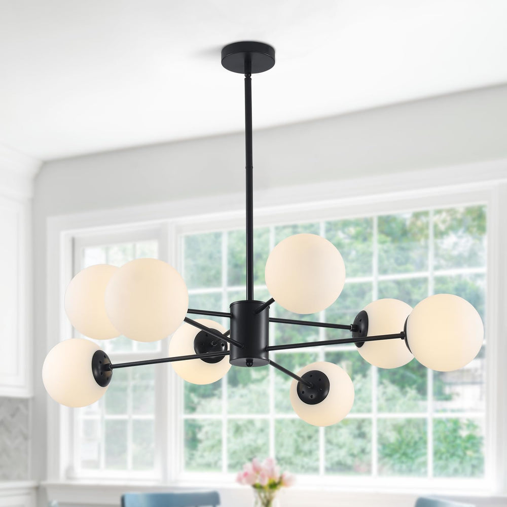 BOKT Modern 8-Lights Globe Sputnik Chandelier Mid Century Matte Black Chandelier Ceiling Mount Light Fixture with Milky White Glass Glass Lampshade  for Dining Room Living Room