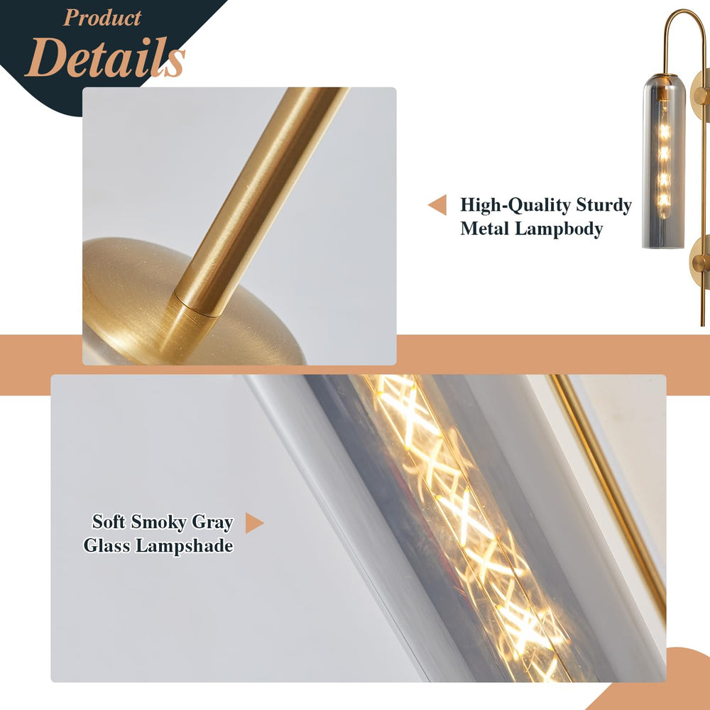 BOKT Plug-In or Hardwired Wall Sconce with Smoke Gray Glass, Mid Century Modern Gold 1-Light Fixture for Bedroom and Bathroom