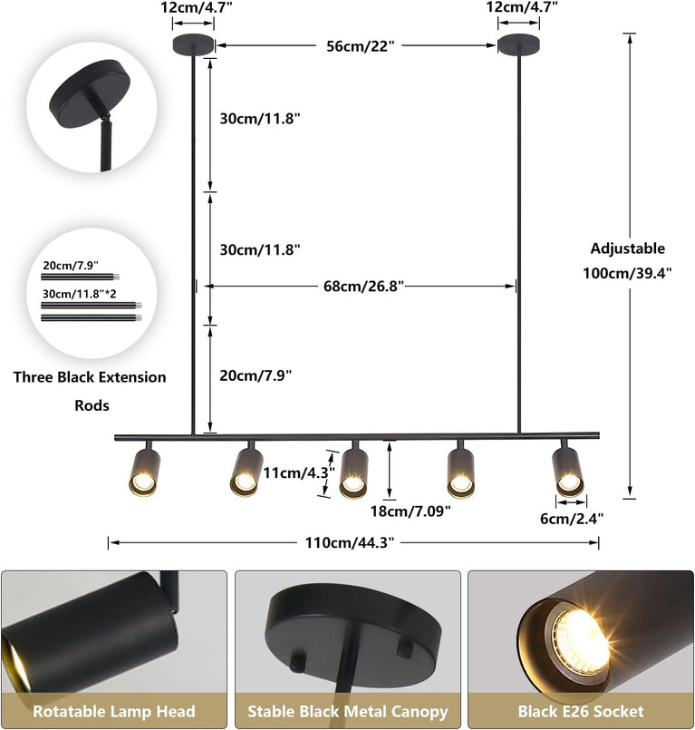 BOKT Matte Black Metal 5-Lights LED Linear Track Lighting Mid Century Modern Hanging Track Lighting Commercial Pendant Light Fixture Adjustable Industrial Ceiling Spot Lighting