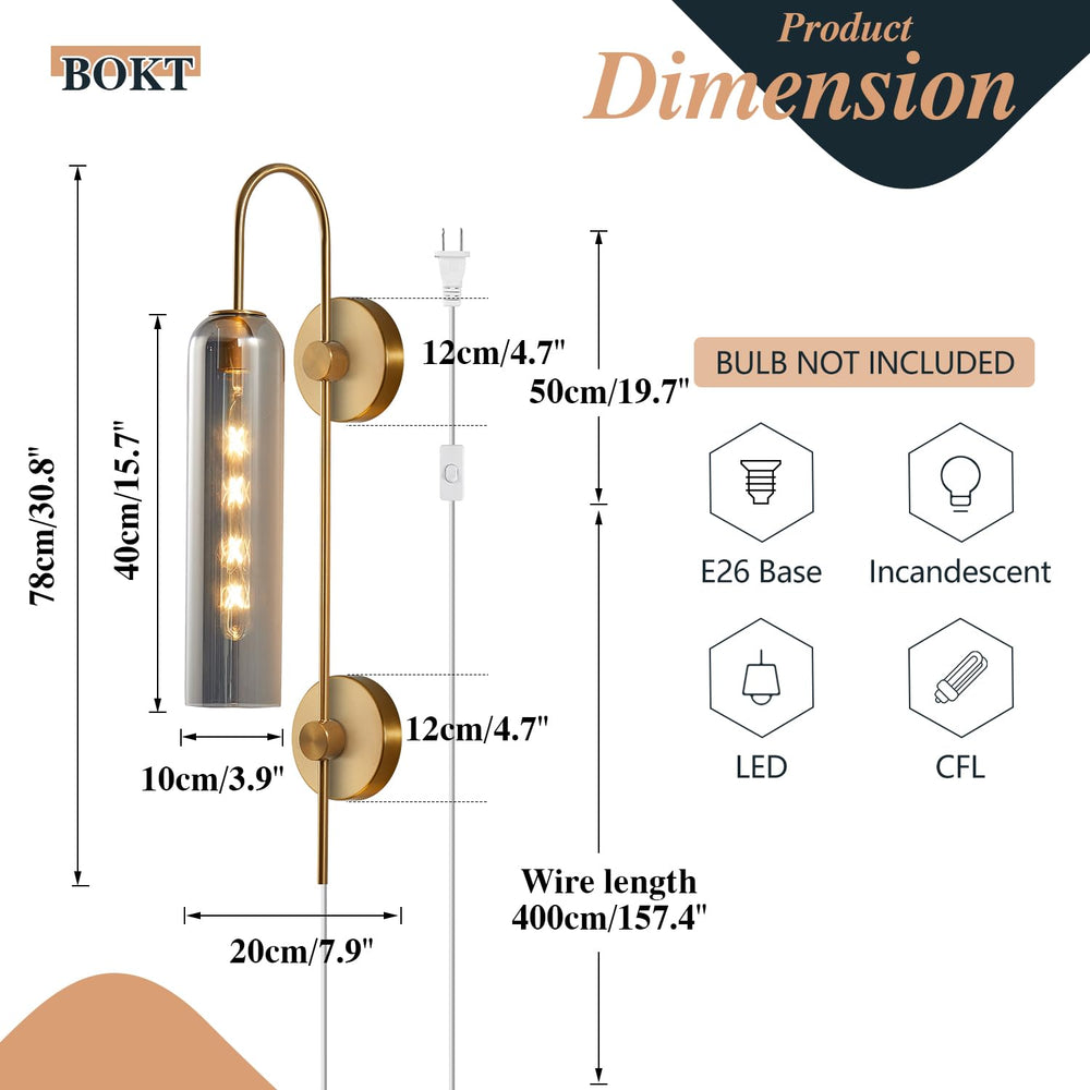 BOKT Plug-In or Hardwired Wall Sconce with Smoke Gray Glass, Mid Century Modern Gold 1-Light Fixture for Bedroom and Bathroom