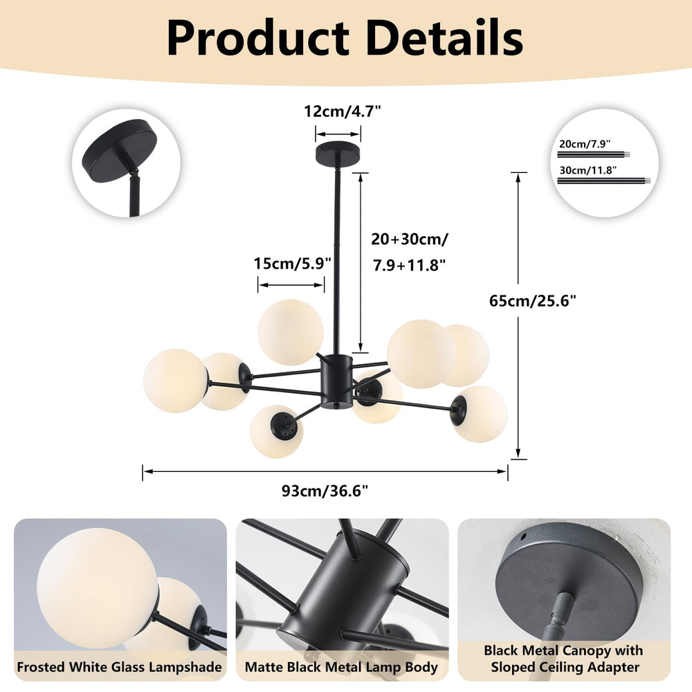 BOKT Modern 8-Lights Globe Sputnik Chandelier Mid Century Matte Black Chandelier Ceiling Mount Light Fixture with Milky White Glass Glass Lampshade  for Dining Room Living Room