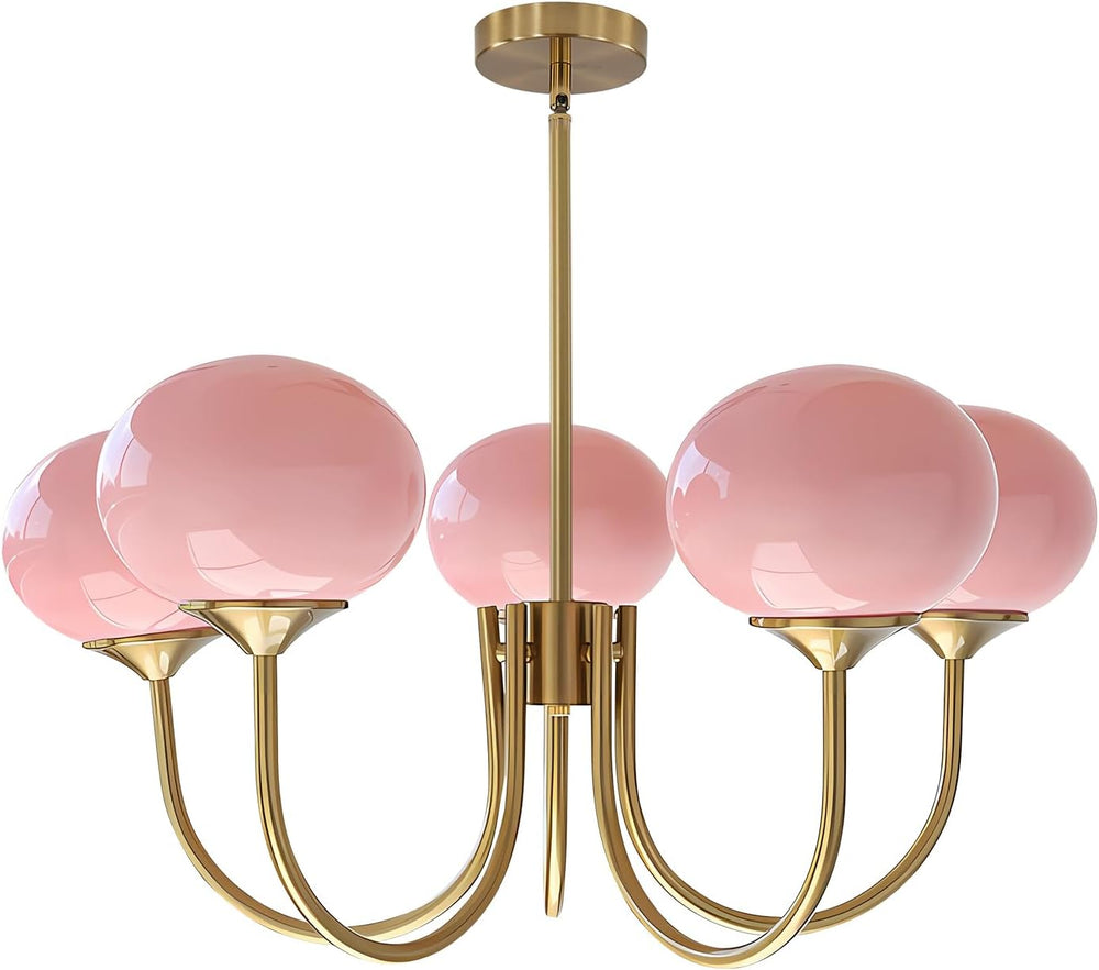 BOKT 5 Light Gold Globe Sputnik Chandelier Modern Pink Glass Sputnik （BCP012)