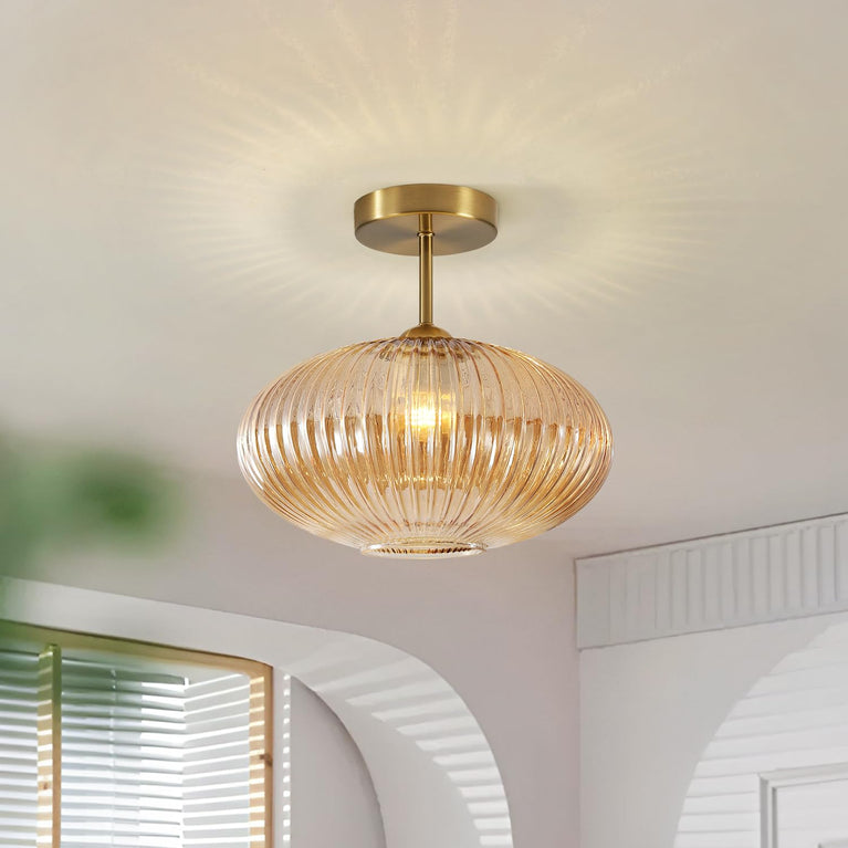 BOKT Vintage Brushed Brass Semi Flush Mount Ceiling Light Amber Ribbed Glass Pendant Light Mid Century Modern Gold Close to Ceiling Light Fixture for Indoor Use 9.8"