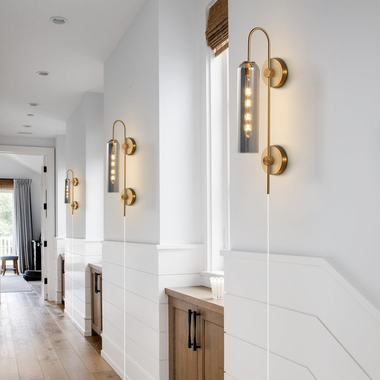 BOKT Plug-In or Hardwired Wall Sconce with Smoke Gray Glass, Mid Century Modern Gold 1-Light Fixture for Bedroom and Bathroom
