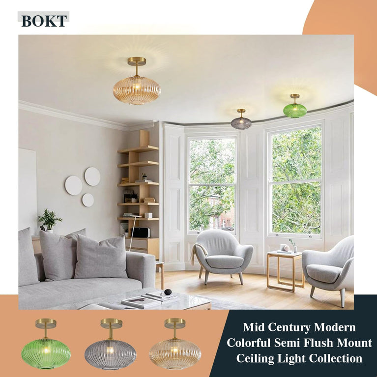 BOKT Vintage Brushed Brass Semi Flush Mount Ceiling Light Amber Ribbed Glass Pendant Light Mid Century Modern Gold Close to Ceiling Light Fixture for Indoor Use 9.8"