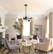 BOKT Modern 8-Lights Globe Sputnik Chandelier Mid Century Matte Black Chandelier Ceiling Mount Light Fixture with Milky White Glass Glass Lampshade  for Dining Room Living Room