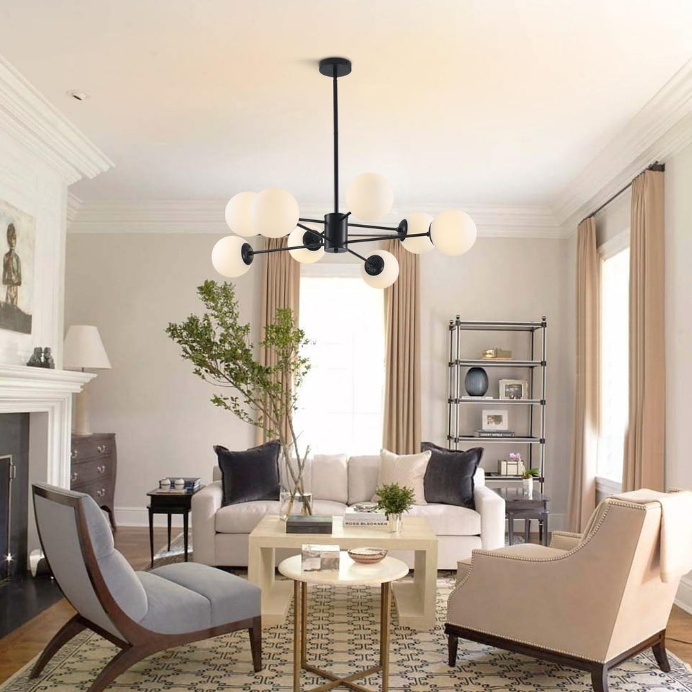 BOKT Modern 8-Lights Globe Sputnik Chandelier Mid Century Matte Black Chandelier Ceiling Mount Light Fixture with Milky White Glass Glass Lampshade  for Dining Room Living Room