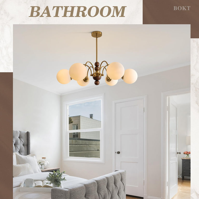 BOKT  Milk Glass Chandelier 6 Head Rustic Wooden Sputnik Chandelier