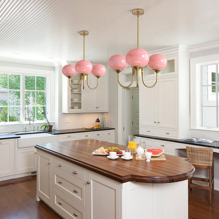 BOKT 5 Light Gold Globe Sputnik Chandelier Modern Pink Glass Sputnik （BCP012)