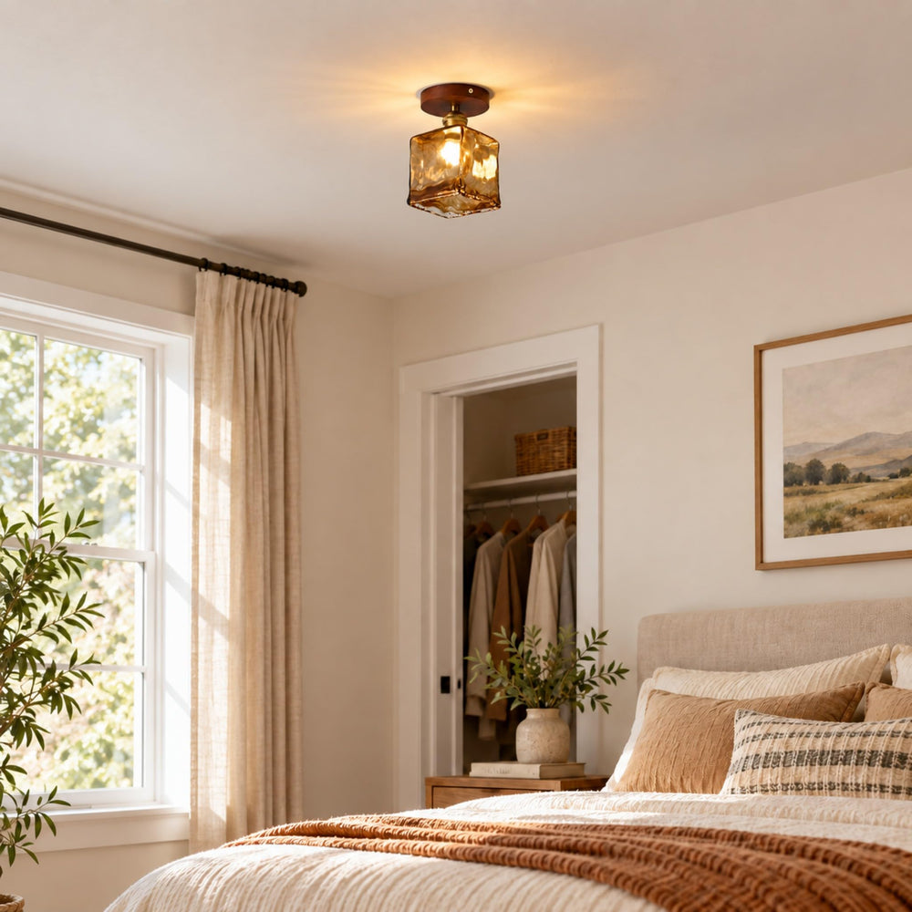 BOKT Amber Glass Semi Flush Mount Ceiling Light Brass Walnut Square