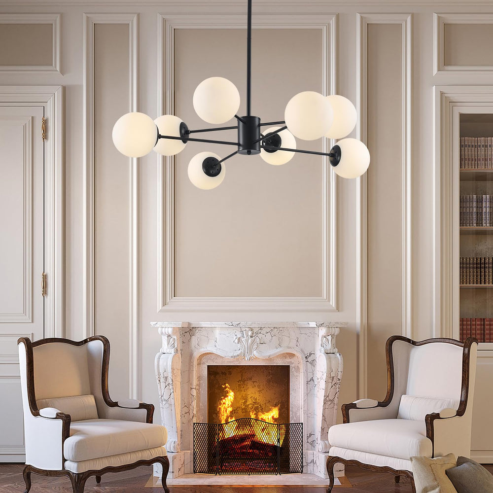 BOKT Modern 8-Lights Globe Sputnik Chandelier Mid Century Matte Black Chandelier Ceiling Mount Light Fixture with Milky White Glass Glass Lampshade  for Dining Room Living Room