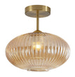 BOKT Vintage Brushed Brass Semi Flush Mount Ceiling Light Amber Ribbed Glass Pendant Light Mid Century Modern Gold Close to Ceiling Light Fixture for Indoor Use 9.8"