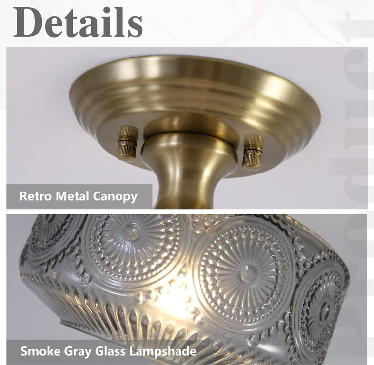 BOKT Modern Close to Ceiling Lighting Fixtures Farmhouse Flush Mount Glass Ceiling Light Open Drum Smoke Gray Flush Mount Ceilings Lights Vintage Style Ceiling Light E26 Base