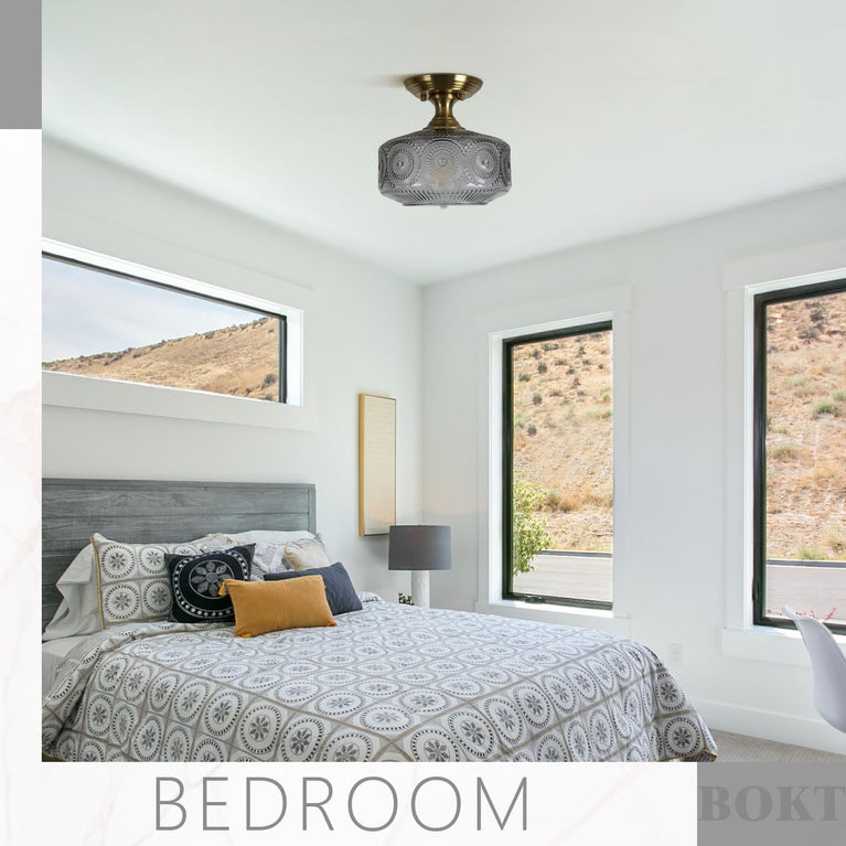 BOKT Modern Close to Ceiling Lighting Fixtures Farmhouse Flush Mount Glass Ceiling Light Open Drum Smoke Gray Flush Mount Ceilings Lights Vintage Style Ceiling Light E26 Base