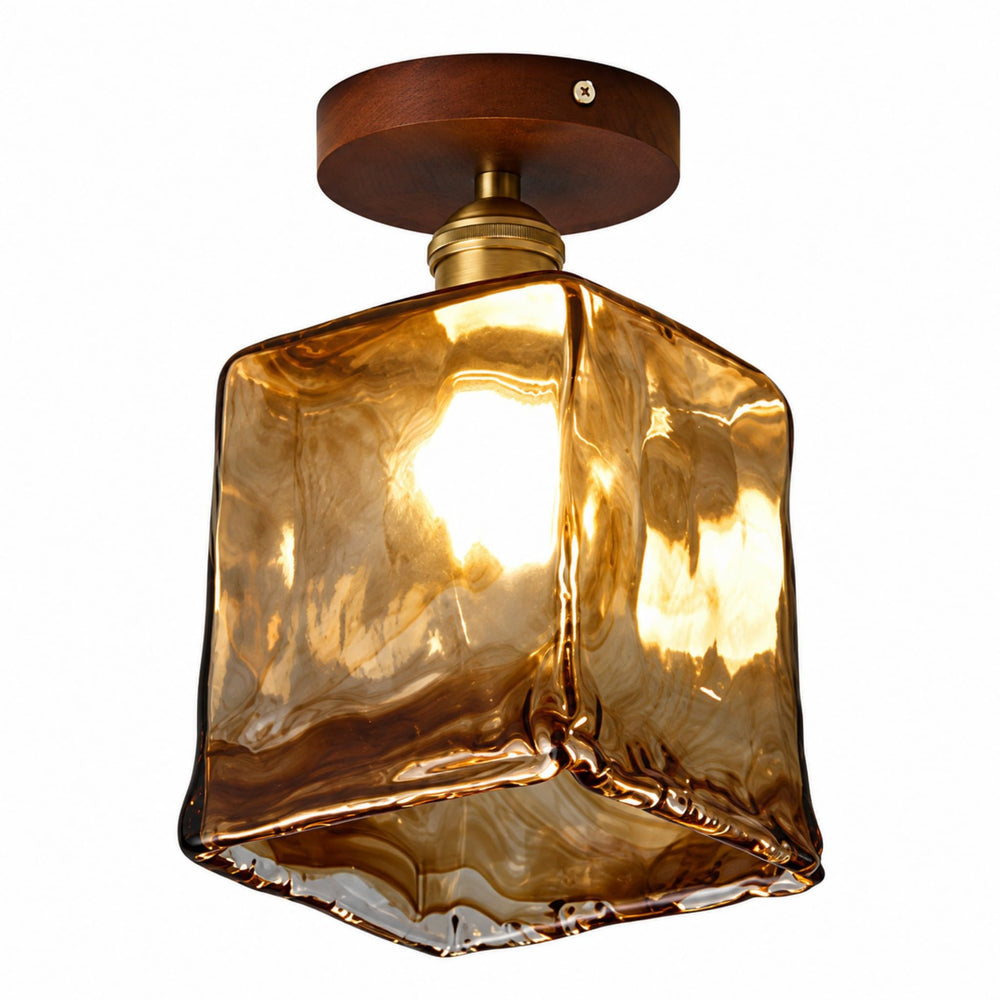 BOKT Amber Glass Semi Flush Mount Ceiling Light Brass Walnut Square