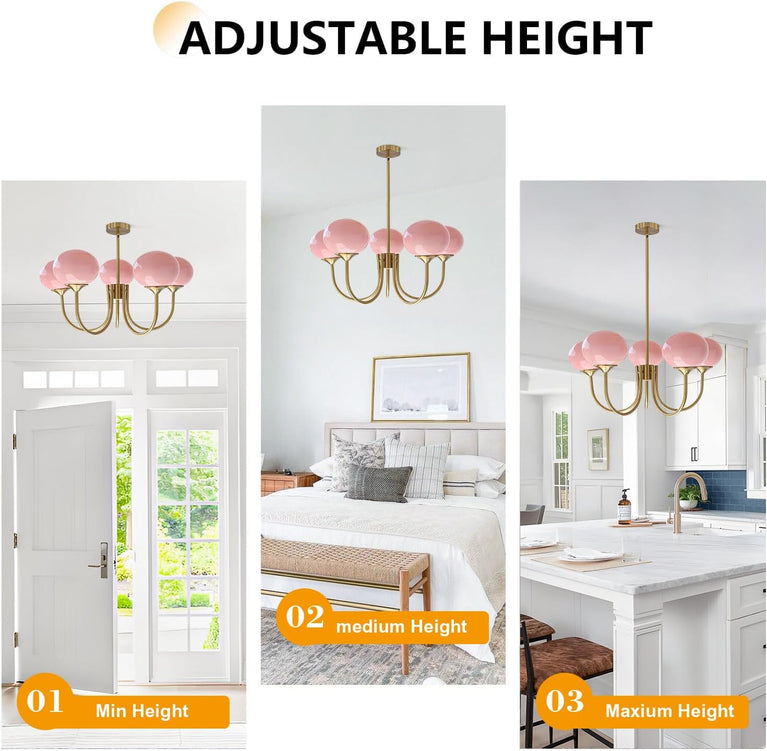 BOKT 5 Light Gold Globe Sputnik Chandelier Modern Pink Glass Sputnik （BCP012)