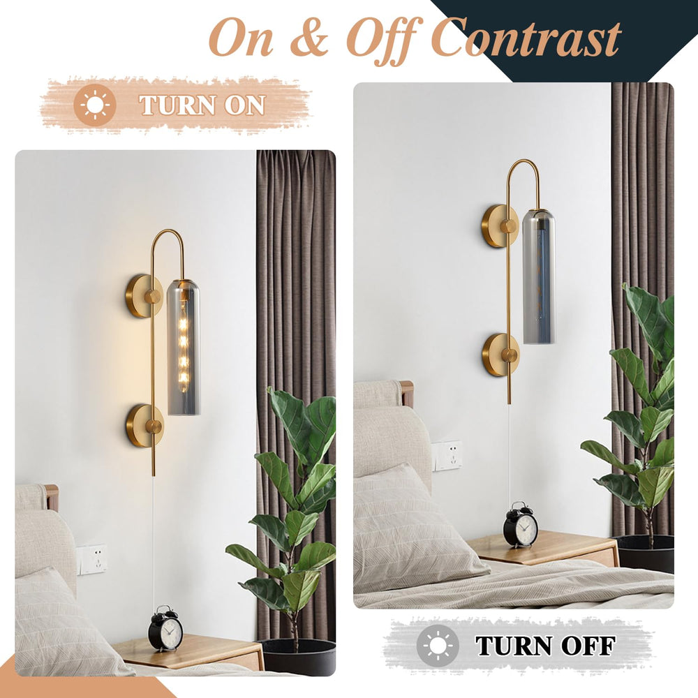 BOKT Plug-In or Hardwired Wall Sconce with Smoke Gray Glass, Mid Century Modern Gold 1-Light Fixture for Bedroom and Bathroom