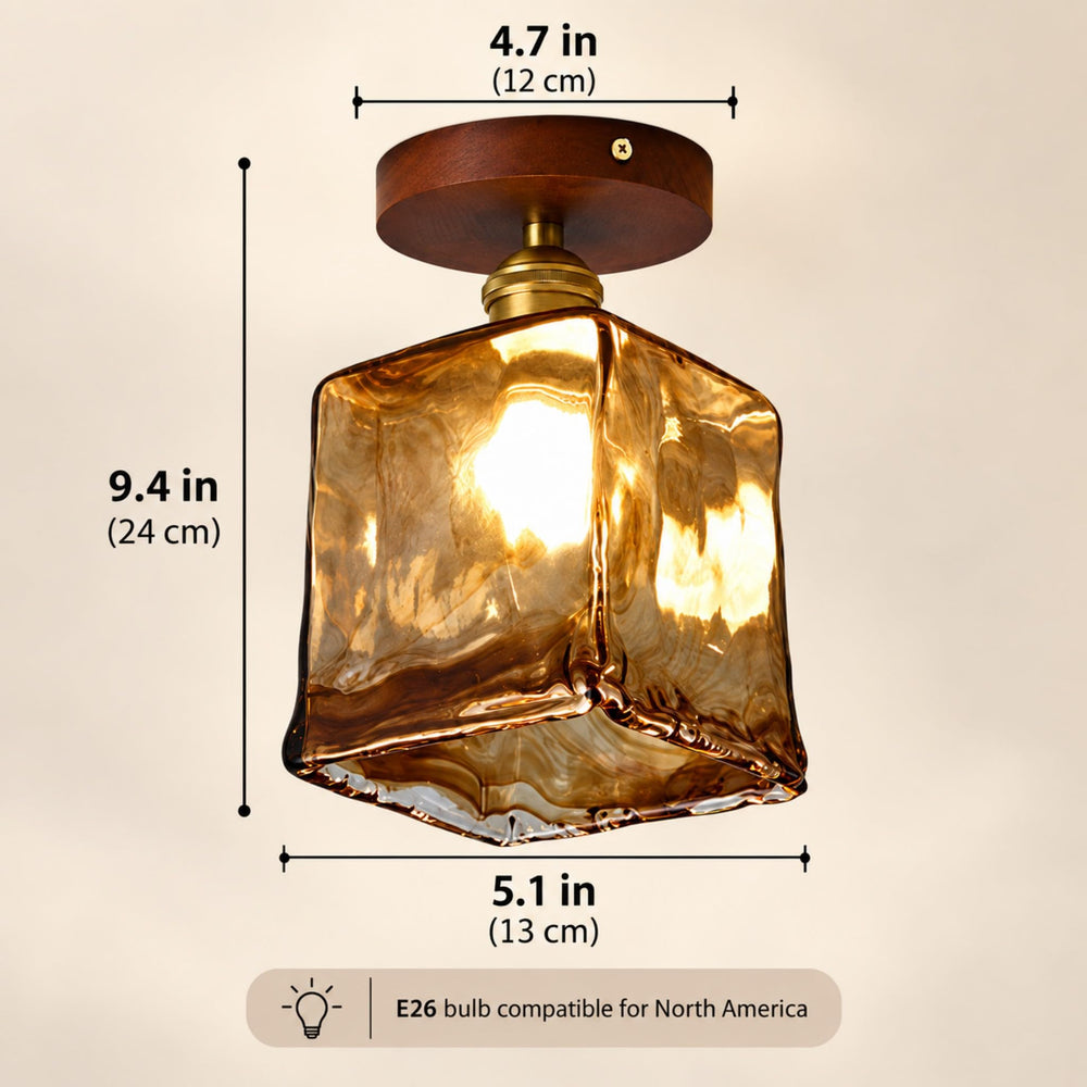 BOKT Amber Glass Semi Flush Mount Ceiling Light Brass Walnut Square