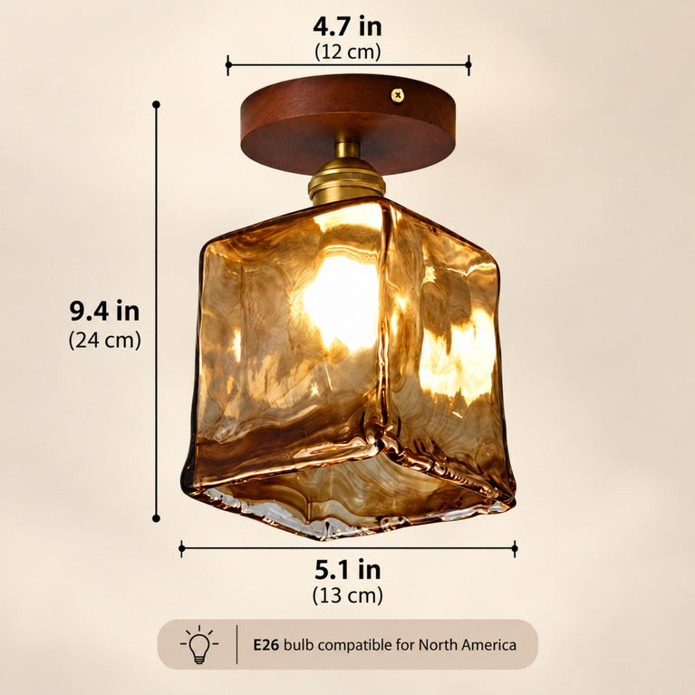 BOKT Amber Glass Semi Flush Mount Ceiling Light Brass Walnut Square