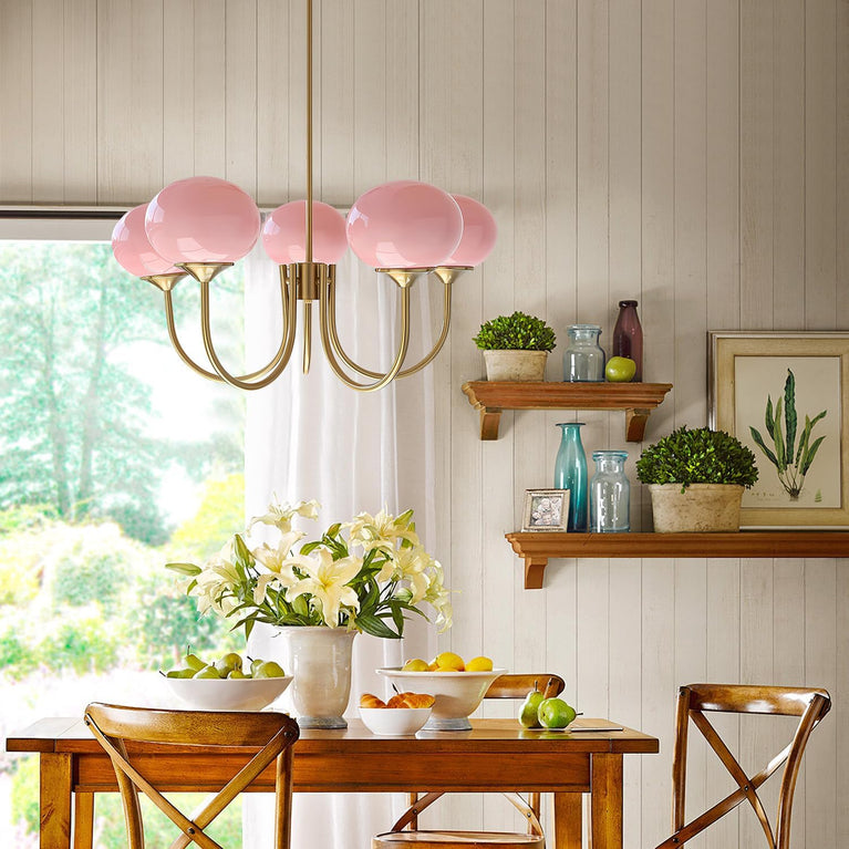 BOKT 5 Light Gold Globe Sputnik Chandelier Modern Pink Glass Sputnik （BCP012)