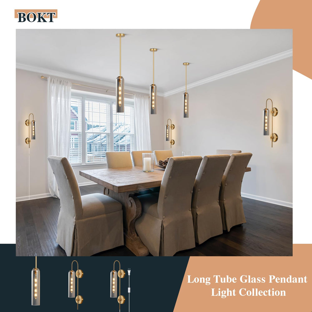 BOKT Plug-In or Hardwired Wall Sconce with Smoke Gray Glass, Mid Century Modern Gold 1-Light Fixture for Bedroom and Bathroom