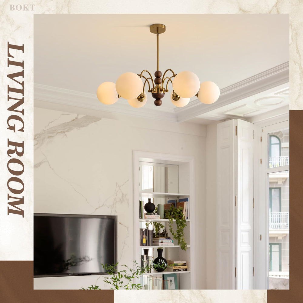 BOKT  Milk Glass Chandelier 6 Head Rustic Wooden Sputnik Chandelier