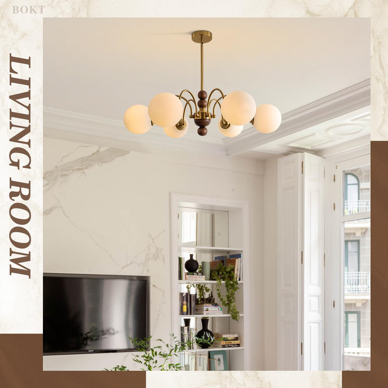 BOKT  Milk Glass Chandelier 6 Head Rustic Wooden Sputnik Chandelier